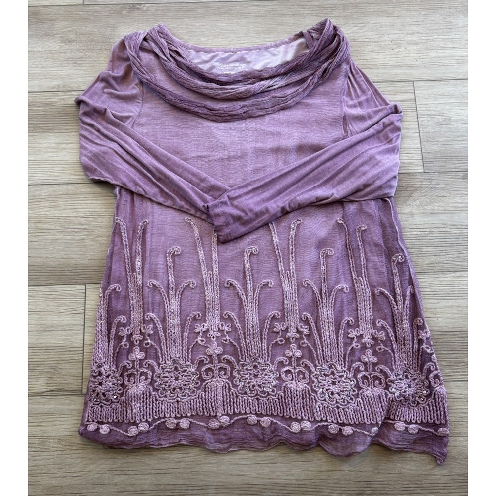 Soft Surroundings Beaux Tunic Pink Rose Silk Sequin Embroidery Lagenlook Boho Lg